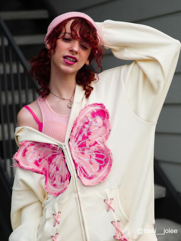 Fvshya Fringe Washed Butterfly Zip Up Hoodie
